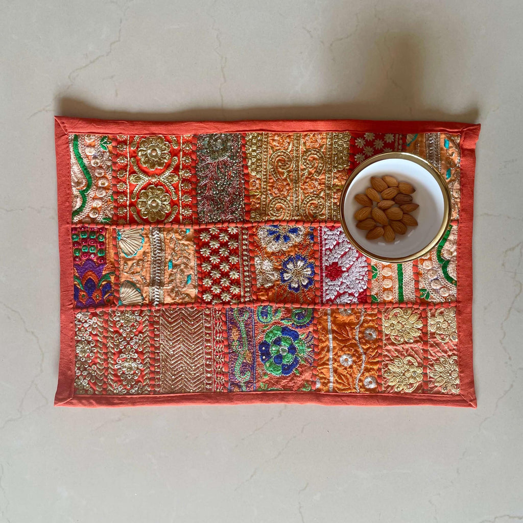 ATRANGI STUDIO Patchwork Table Mat | Traditional Rajasthani Khambadiya Placemat | Handmade Reusable Dining Table Mat for Home Decor | Colourful Dining Setup | 12x18 Inch, Orange