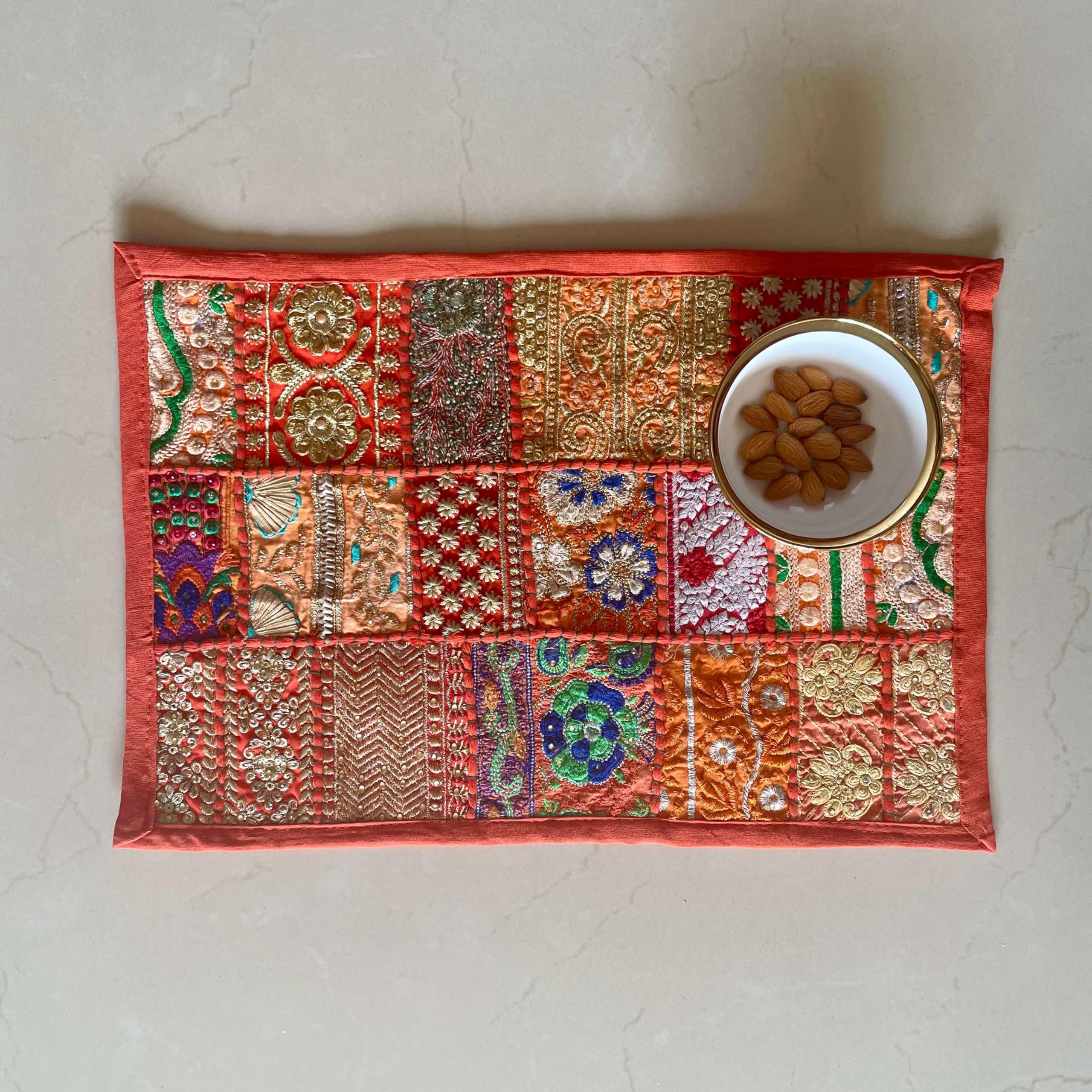 ATRANGI STUDIO Patchwork Table Mat | Traditional Rajasthani Khambadiya Placemat | Handmade Reusable Dining Table Mat for Home Decor | Colourful Dining Setup | 12x18 Inch, Orange