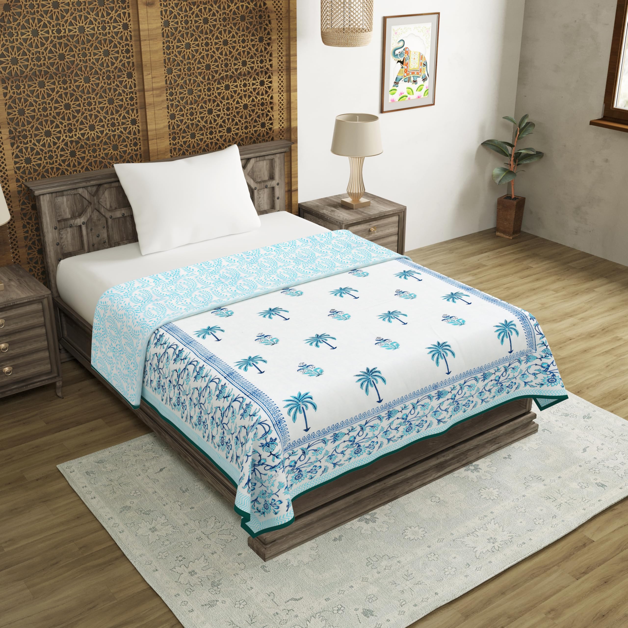 BLOCKS OF INDIA Hand Block Printed Cotton Single Size Reversible Malmal Dohar for Summer (Turq Tree Lily) Kafalo