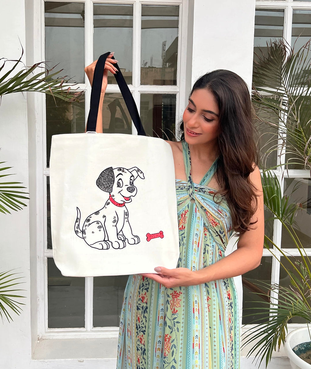 MASQ by Q-One Dog Embroidered Canvas Tote Bags for Women with Zip, College Bag for Girls, 100% Cotton Tote Bag with Seqin Work for Traveling & Daily Use | Stylish Gifts for Women and Girl