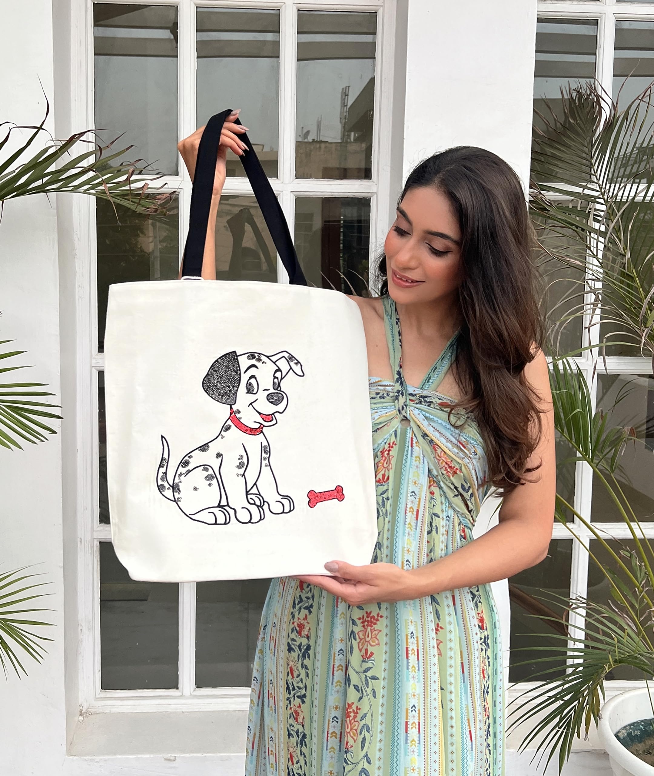 MASQ by Q-One Dog Embroidered Canvas Tote Bags for Women with Zip, College Bag for Girls, 100% Cotton Tote Bag with Seqin Work for Traveling & Daily Use | Stylish Gifts for Women and Girl