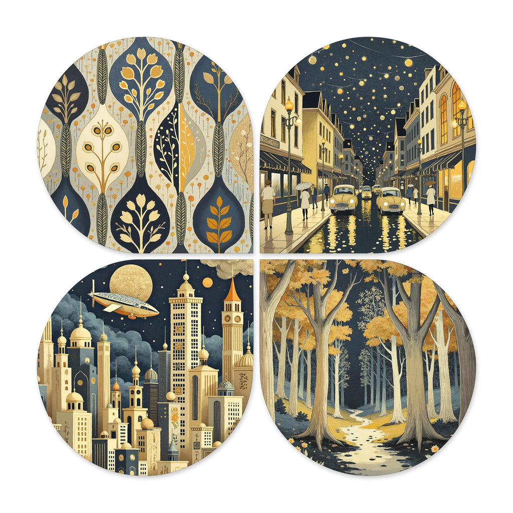 Artvibes Modern Nightscape Decorative Wall Art MDF Wooden Wall Hanger for Home | Room Wall Art | Wood Decorative Items | Modern Decoration | Wall Art Print | Unique Gift Items (WH_8457N), Set of 4