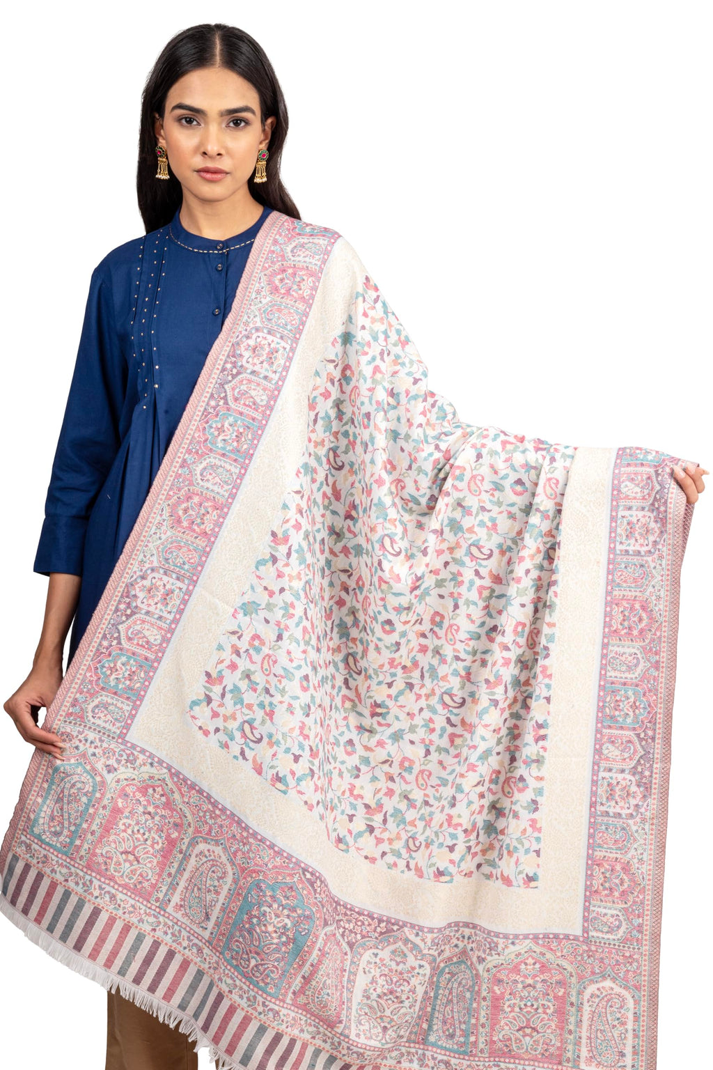 Naureen Women Faux Pashmina Kani Shawl with Mughal Artwork and Zari Accents, Warm and Soft, 40x80 inch