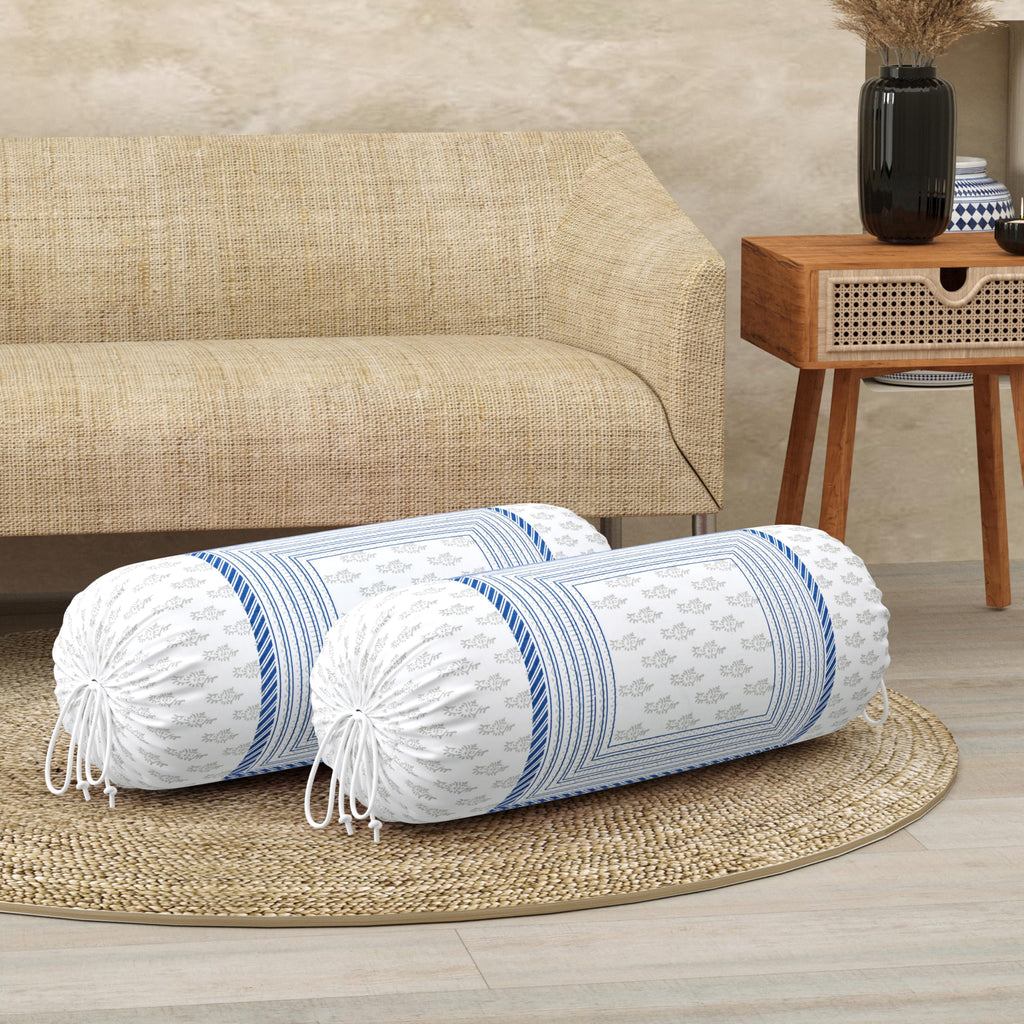 BLOCKS OF INDIA Cotton Hand Block Printed Bolster Cover | Booster Cover with Drawstring | Round Long Pillow Cover for Bed | Dewan Pillow Cover Set 16 X 32 | Set of 2 (Blue Bird)