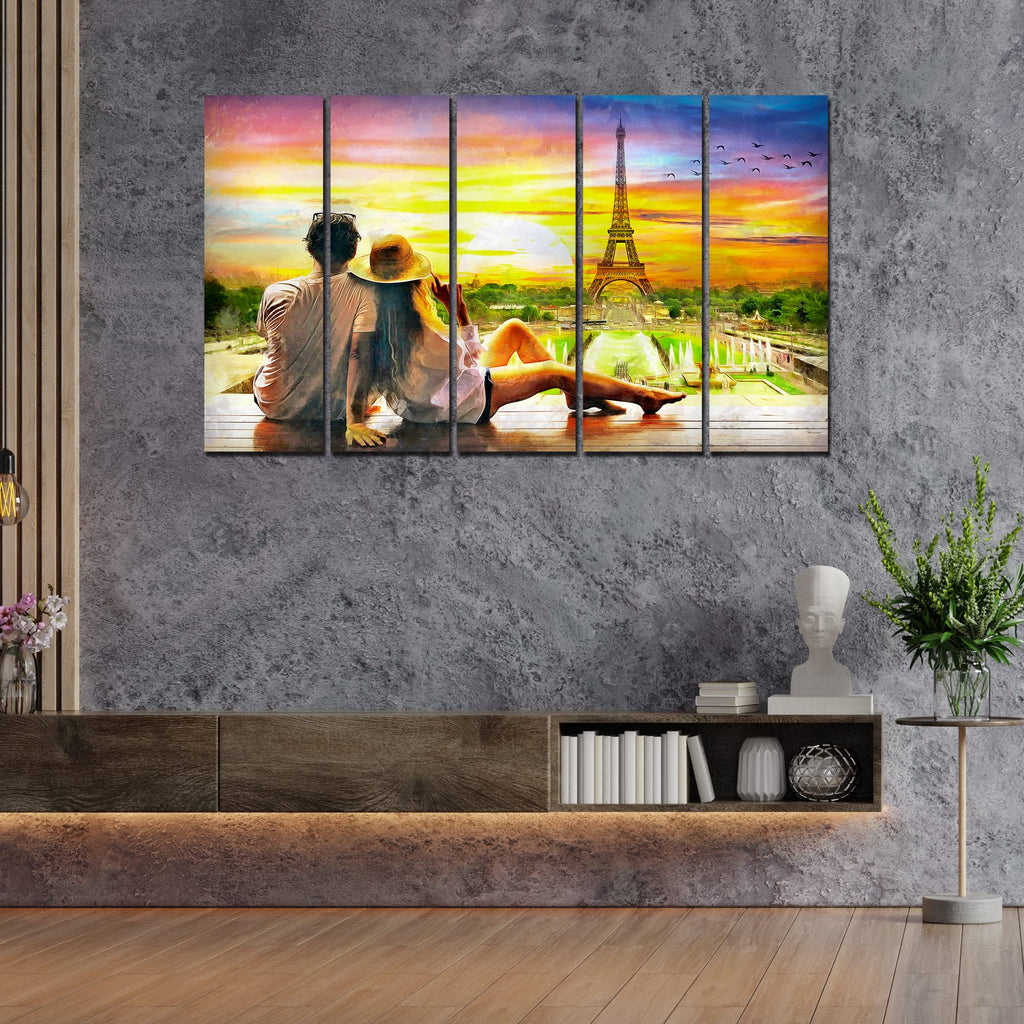 VIBECRAFTS Couple Watching Sunset Paris 5 Pieces Canvas Wall Painting For Home | Office | Living Room | Gift (PTVC5Pcs4_8524)