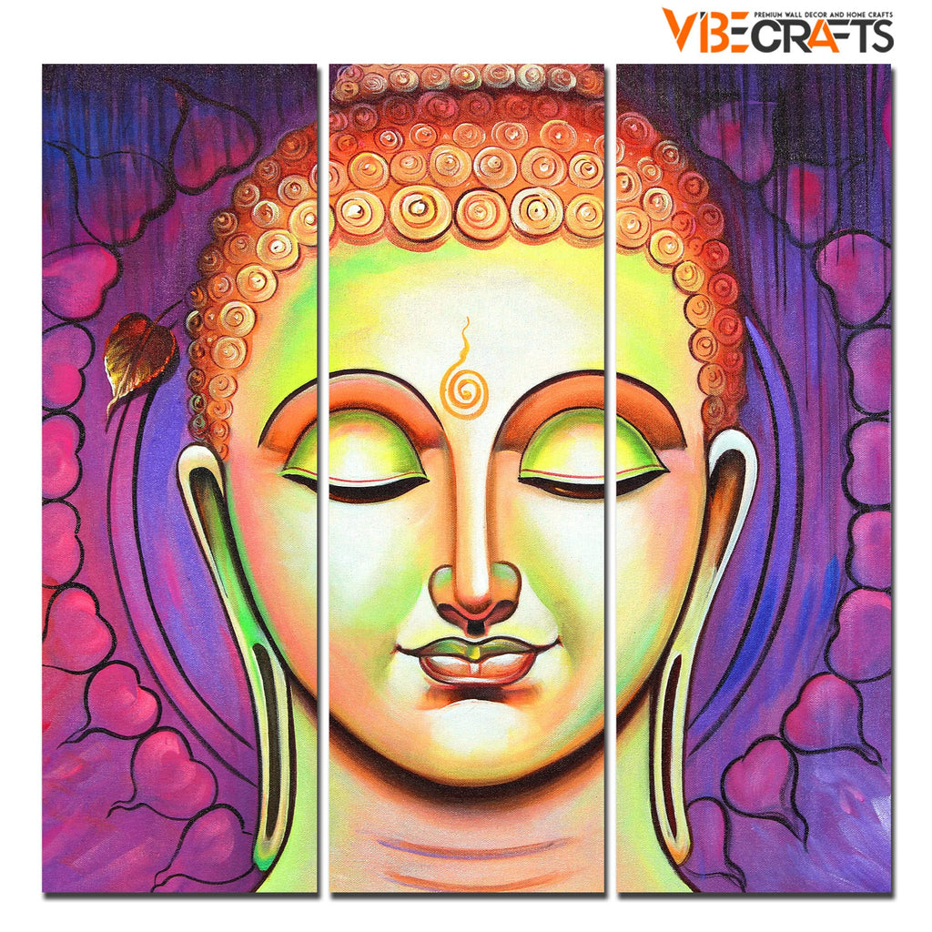VIBECRAFTS Buddha Meditating 3 Pieces Canvas Wall Painting Fitted With Wooden Frame For Home | Office | Living Room | Gifts (PTVC3Pcs1_9594)