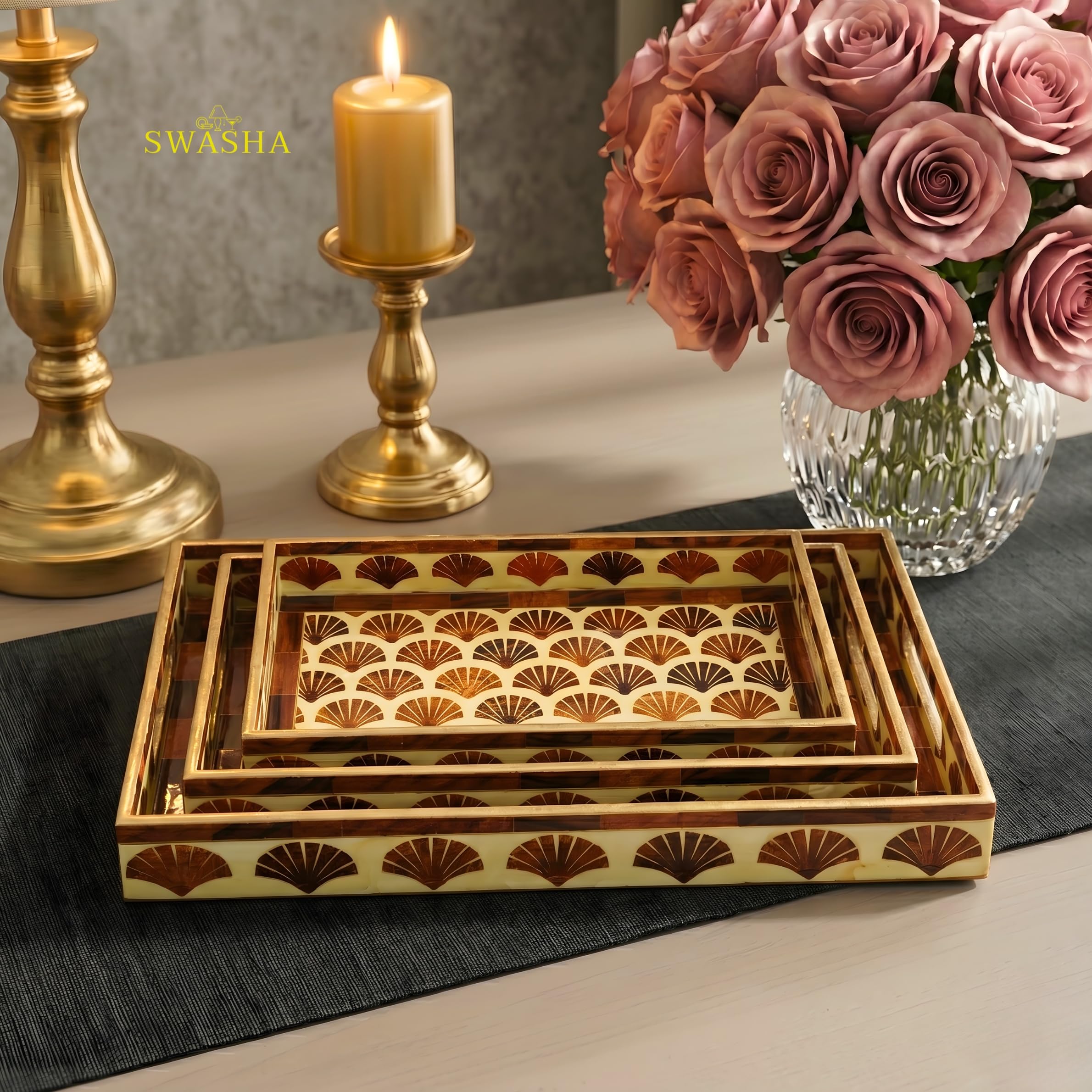 Swasha MDF Resin Decorative Tray, Set of 3, Ivory, Polished Finish, Rectangular, Modern Style, Nesting Serving Trays for Vanity and Dining (Brown Ivory)