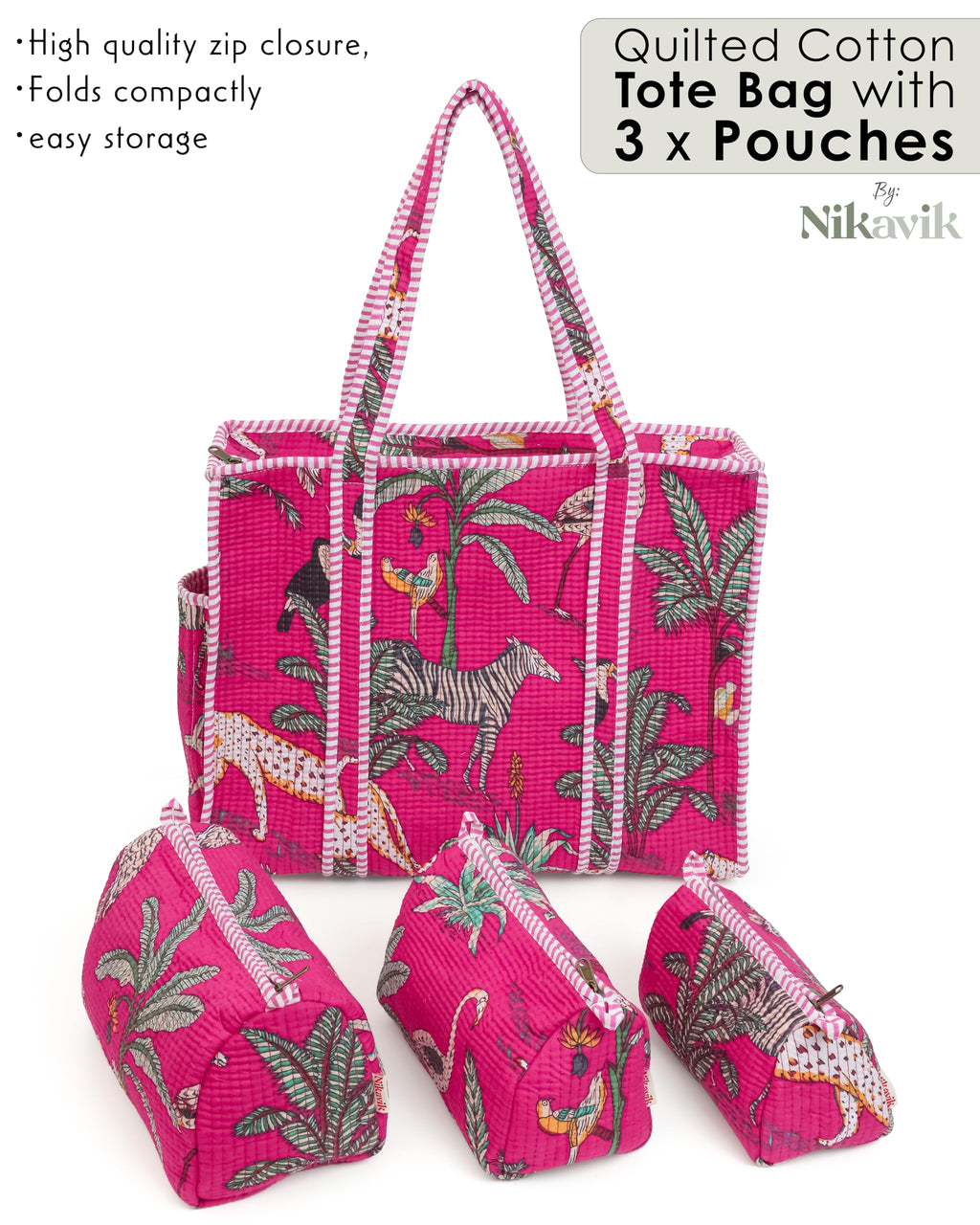 NIKAVIK 1 Tote Bag and 3 Pouches | Jaipuri Quilted fabric Handblock Printed Tote Bag (with zip closure and bottle compartment) with Matching Pouches (Dark Pink)