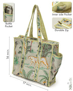 NIKAVIK 1 Tote Bags and 3 Pouch Quilted fabric Handblock Printed Tote Bag(with zip) and bottle compartment with Matching Pouches (Beige)