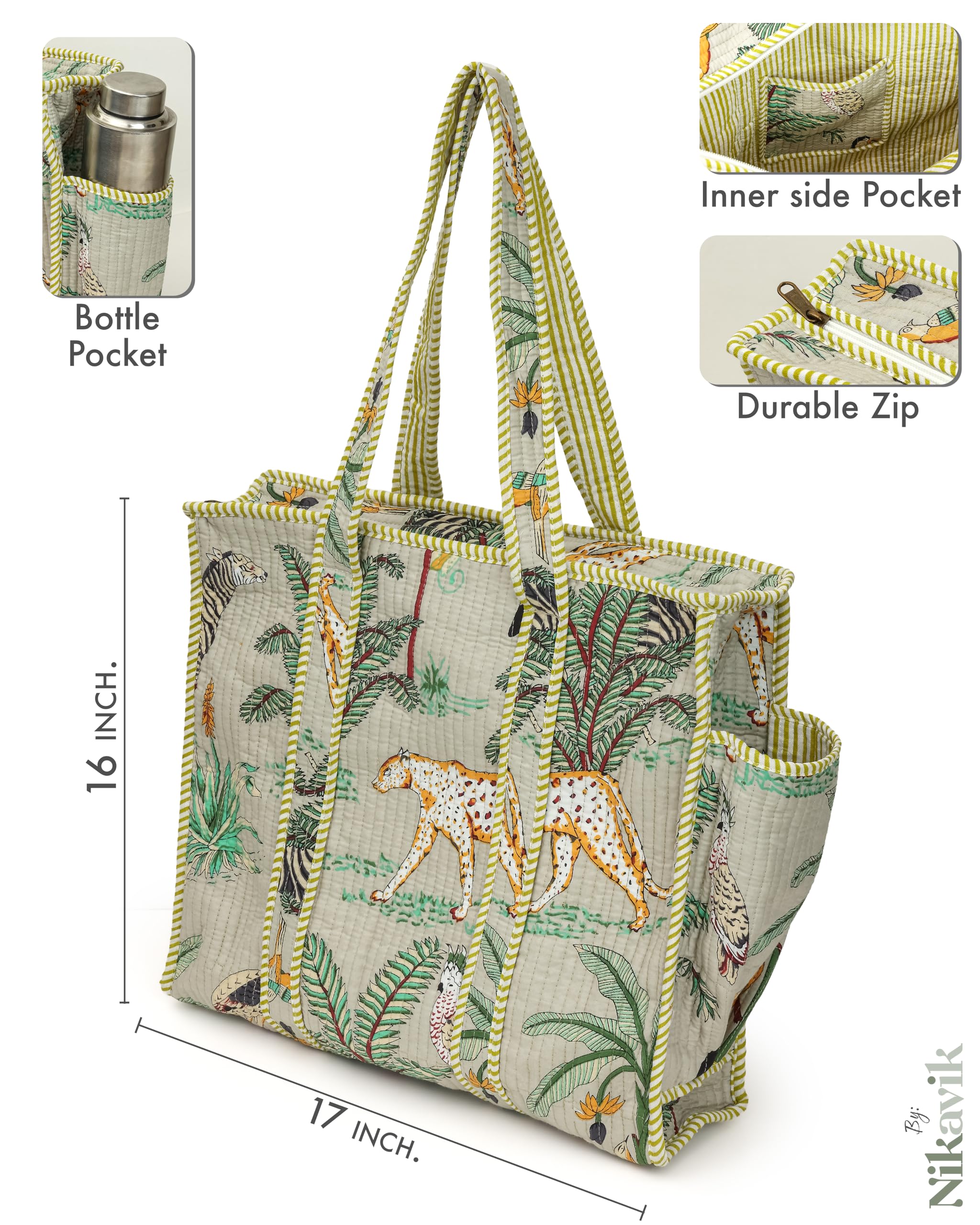 NIKAVIK Quilted Cotton Tote bag – Exotic Animal Print Foldable and Ideal for Travel Shopping Beach Trips or Daily Essentials (Beige)