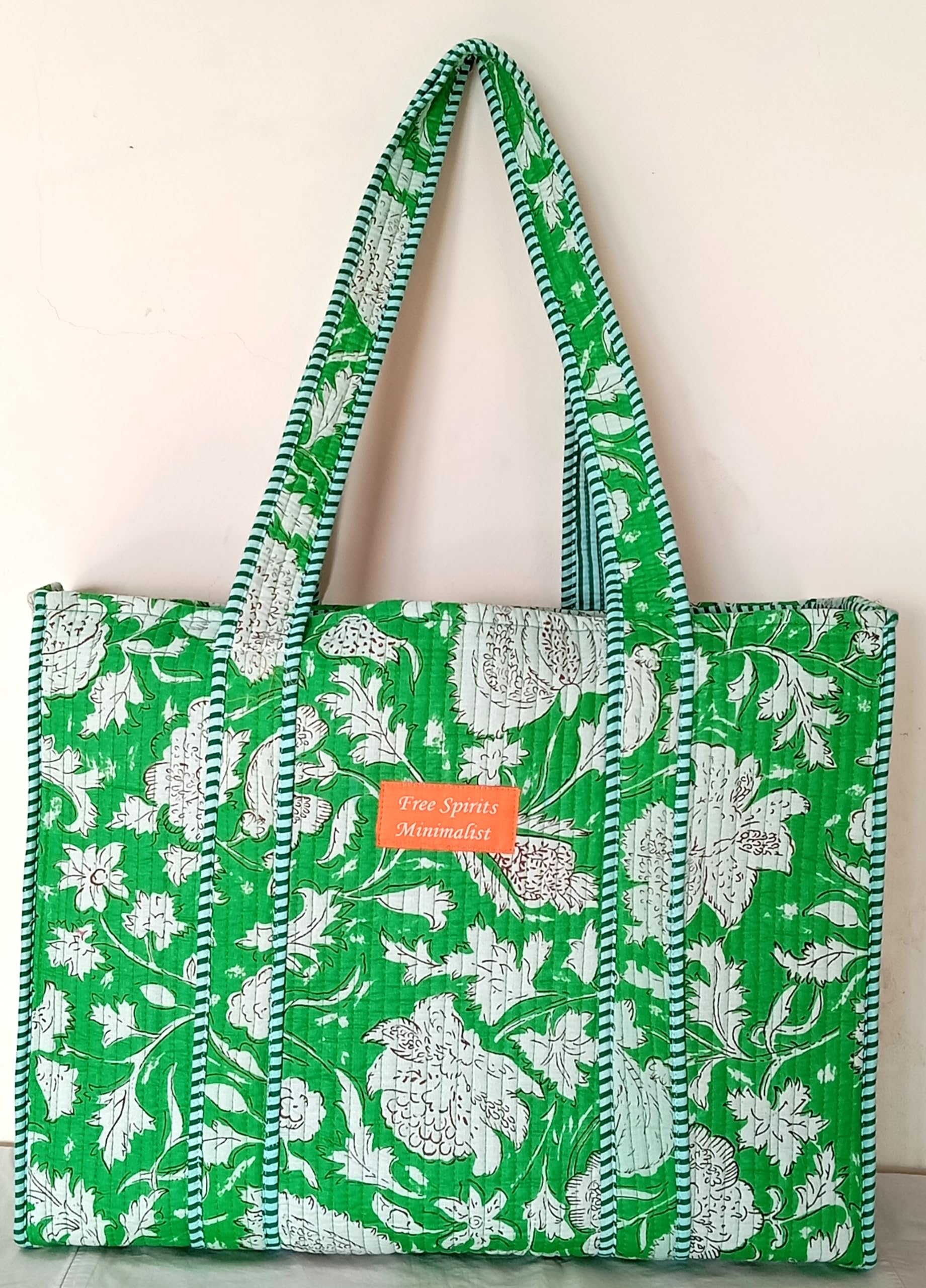 Cotton Tote bag for Women | Shoulder Bag | Reversible Bag | Durable Shopping bag | Reusable Grocery Bags | Eco friendly Bags| Handmade Cotton Bag | Stylish Quilted handBag (Flouro Green)