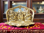 Kridaykraft Metal Laxmi Ganesha Saraswati Idol with 5 Oil Lamp Diya - Religious Murti for Home Decor, Puja, and Diwali Gifting (21 cm, 650g, Antique Gold Finish)