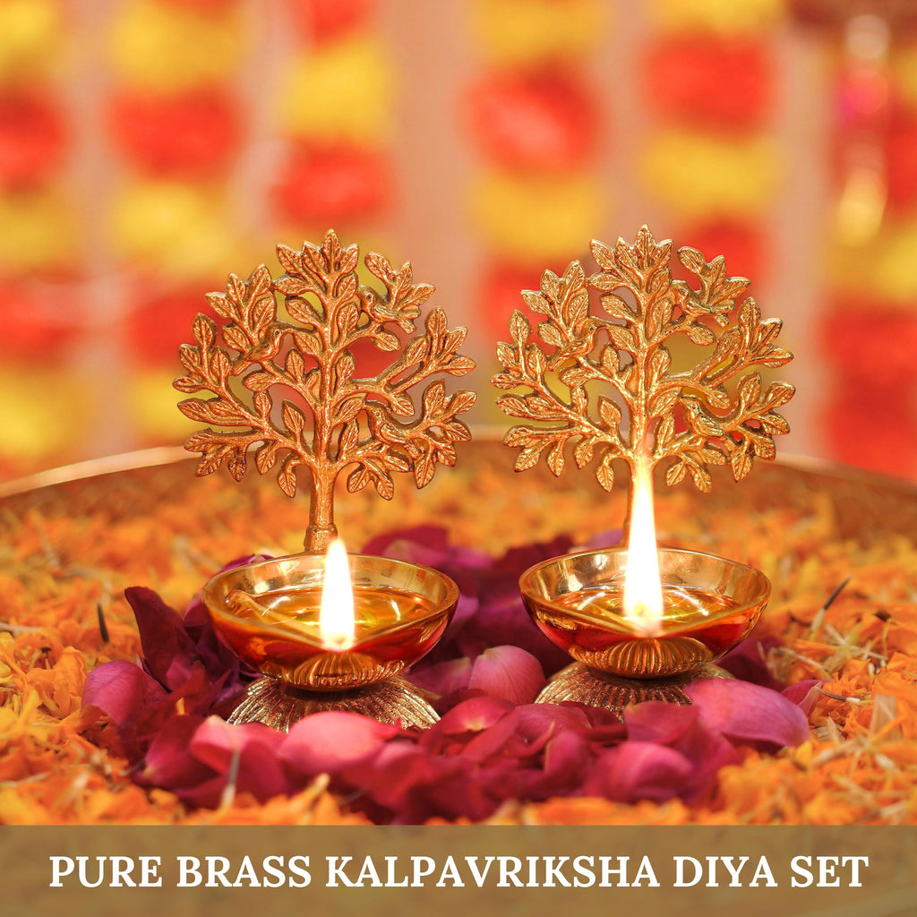 Behoma 100% Pure Brass Handcrafted Kalpavriksha Diya for Puja - Set of 2
