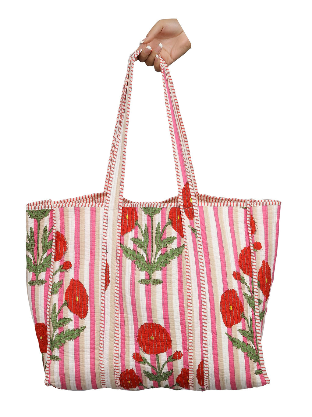 Ravaiyaa - Attitude is everything Women & Man Beautiful Printed Cotton Grocery Shopping Bag | Shoulder Bag | Cotton Tote Bag | Travel Tote Bags 18x5.5x16 Inch (Pink Red Floral Stripes)