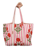 Ravaiyaa - Attitude is everything Women & Man Beautiful Printed Cotton Grocery Shopping Bag | Shoulder Bag | Cotton Tote Bag | Travel Tote Bags 18x5.5x16 Inch (Pink Red Floral Stripes)