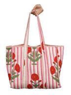 Ravaiyaa - Attitude is everything Women & Man Beautiful Printed Cotton Grocery Shopping Bag | Shoulder Bag | Cotton Tote Bag | Travel Tote Bags 18x5.5x16 Inch (Pink Red Floral Stripes)