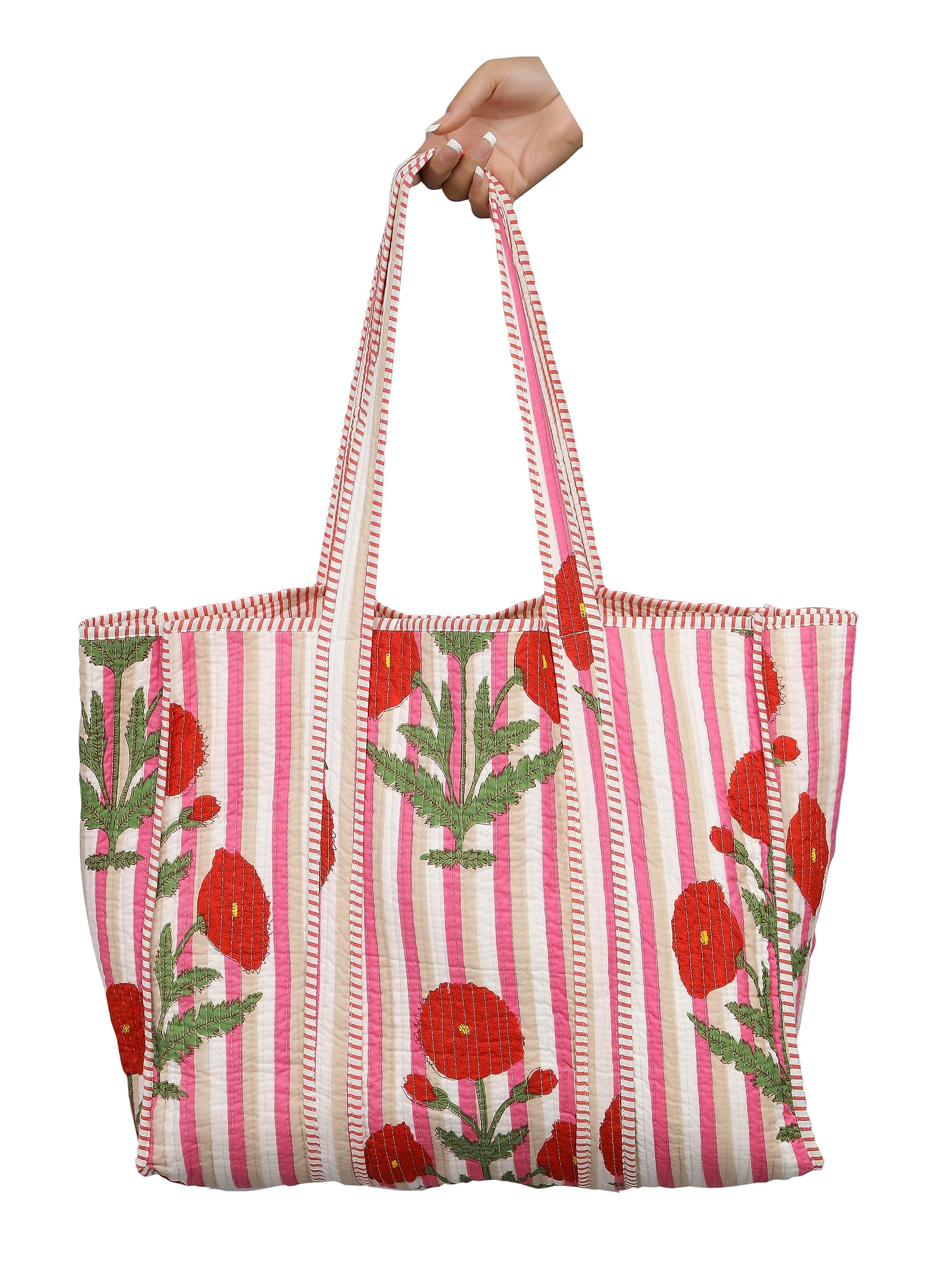 Ravaiyaa - Attitude is everything Women & Man Beautiful Printed Cotton Grocery Shopping Bag | Shoulder Bag | Cotton Tote Bag | Travel Tote Bags 18x5.5x16 Inch (Pink Red Floral Stripes)