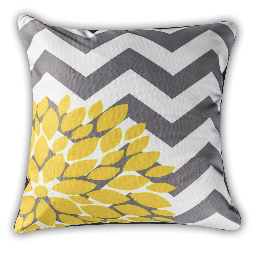 Vendola Decorative Satin Sofa Cushion Covers Set of 5, 20 Inch x 20 inch, Sofa Pillow Cover, Yellow, White and Grey, Chevron Floral Design, Zipper Closure (Iris Yellow, 20X20 Inches)