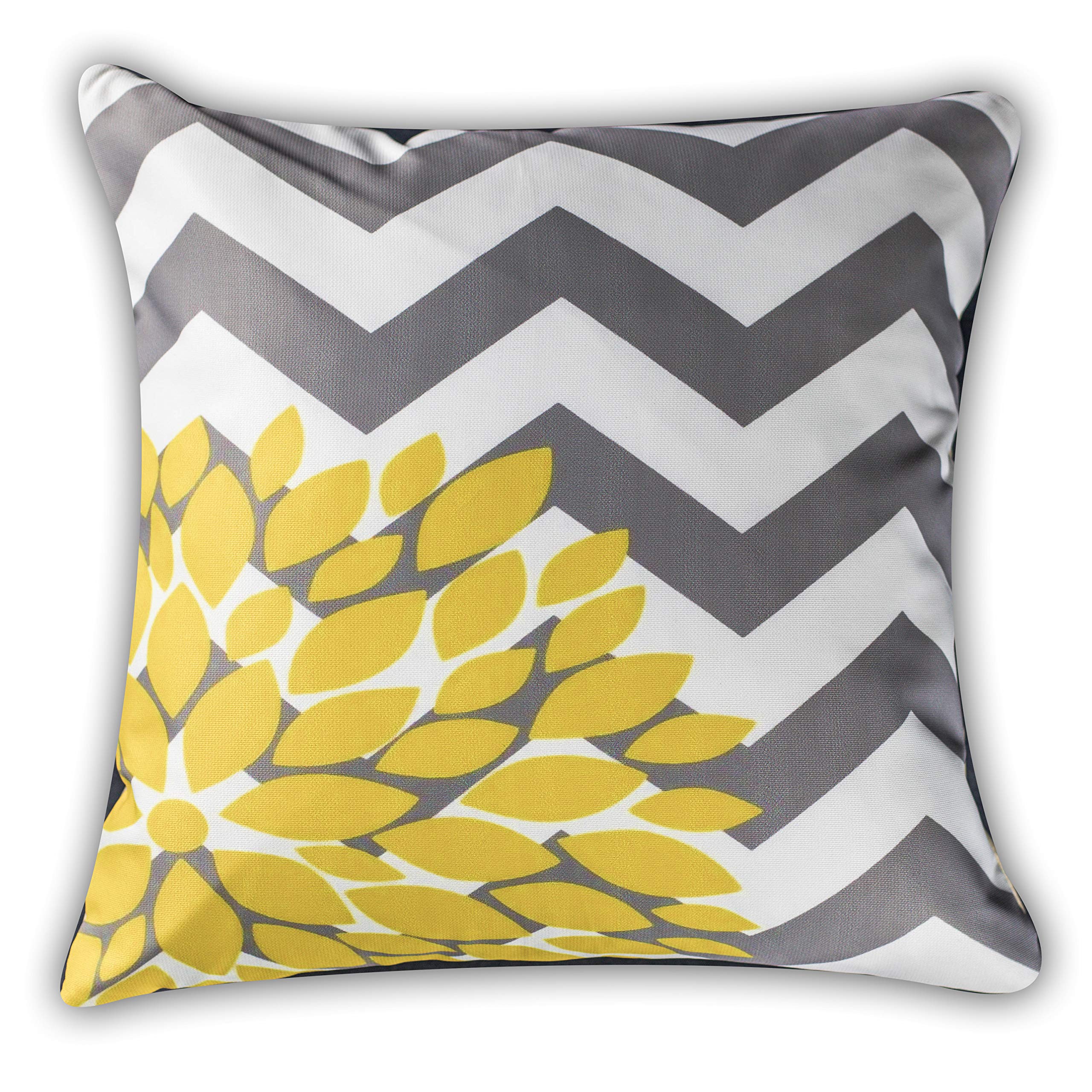 Vendola Decorative Satin Sofa Cushion Covers Set of 5, 20 Inch x 20 inch, Sofa Pillow Cover, Yellow, White and Grey, Chevron Floral Design, Zipper Closure (Iris Yellow, 20X20 Inches)