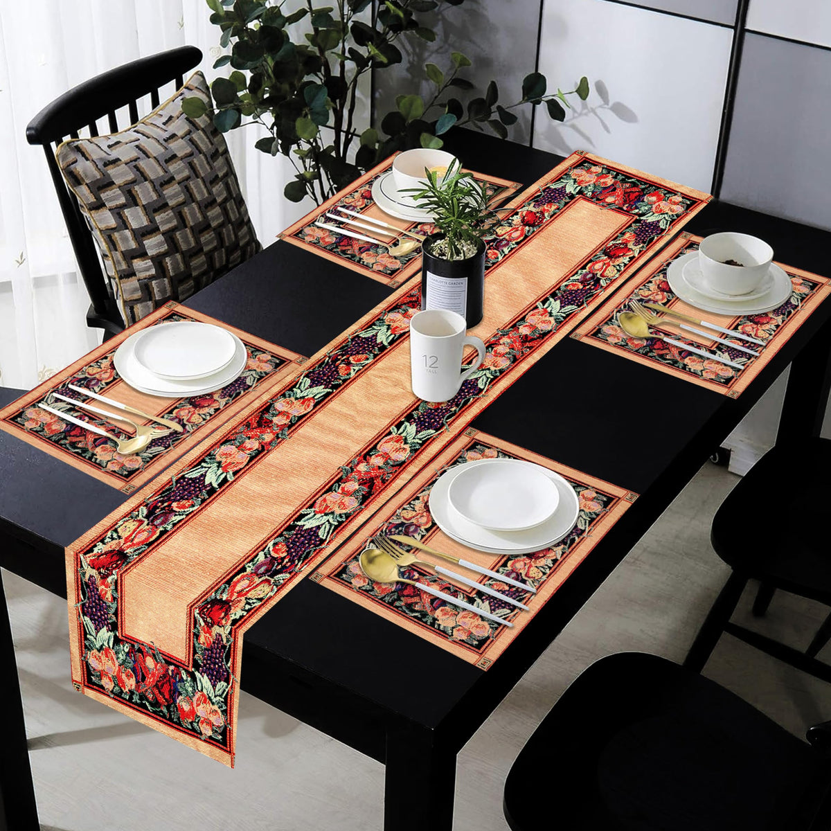 PRAKARTIK BY INDUARTS 100% Cotton Fruit and Veggie Border Rectangular Dining Table mat with Runner. Bronze and Green (Set of 4 + 180 cm Runner ) Kafalo
