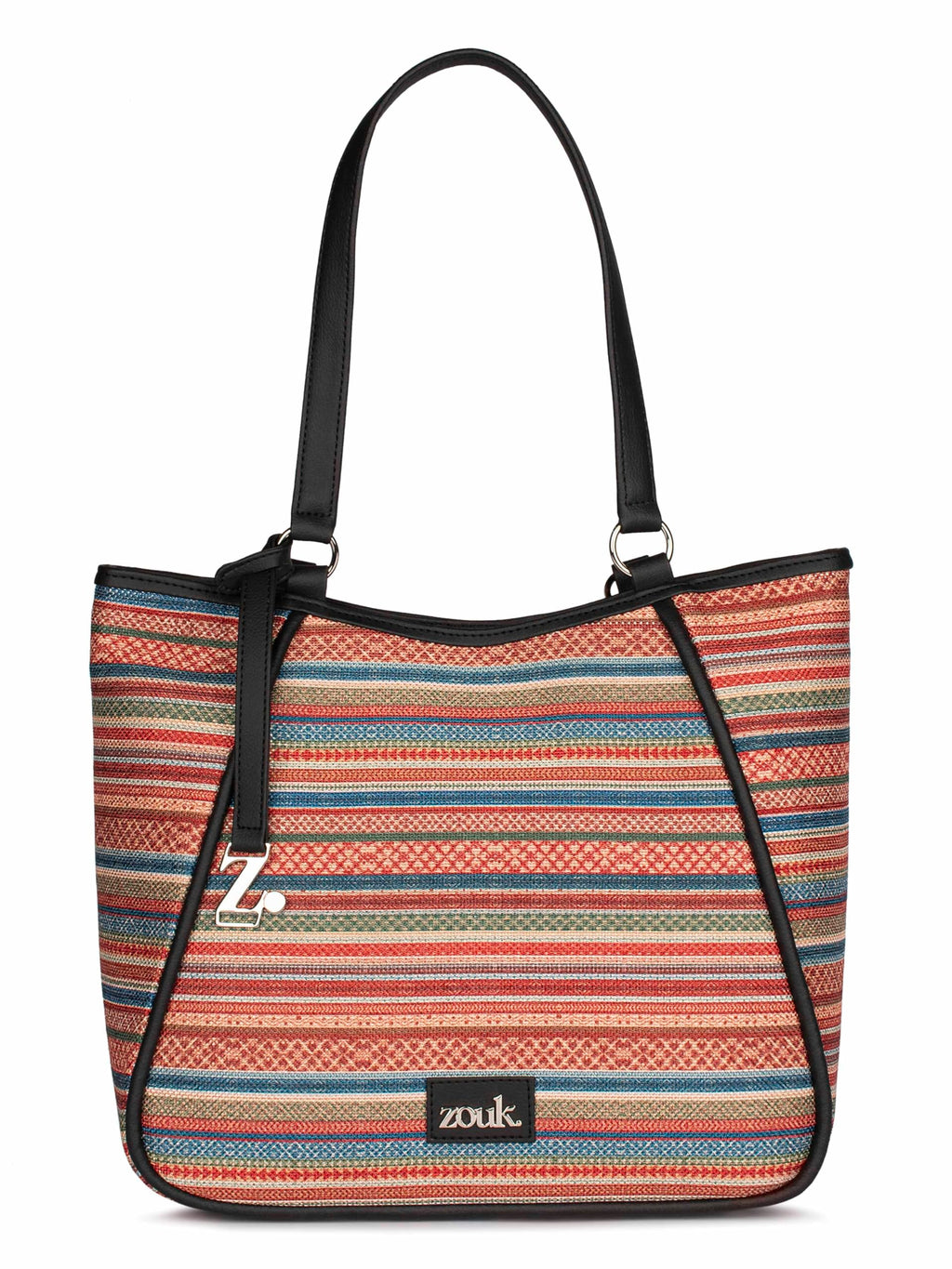 ZOUK Naisha Multicolor Stripes Tote Bag for Women | Vegan Leather Large Shoulder Handbag with Bottle Holder, Multiple Pockets & Water-Resistant Lining | Office, Travel & Daily Use | Assam Tapestry