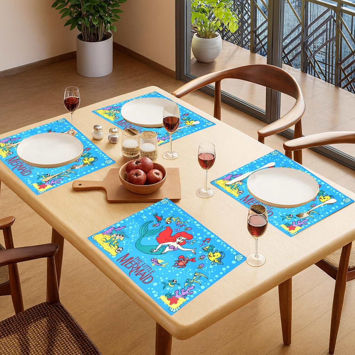 PRAKARTIK BY INDUARTS Kids Girl Cloth Table Mats Set of 4 - Mermaid Sea Ocean Theme,Digital Print, Washable, Indoor/Outdoor, Heat-Proof, Water Resistant, Wipe & Clean (47X33 cm) Sky Blue & Multi Kafalo