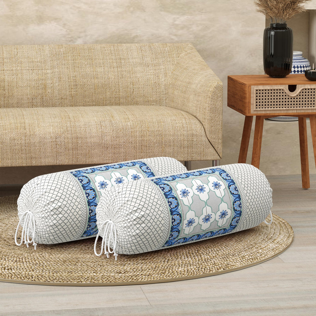 BLOCKS OF INDIA Cotton Hand Block Printed Bolster Cover | Booster Cover with Drawstring | Round Long Pillow Cover for Bed | Dewan Pillow Cover Set 16 X 32 | Set of 2 (Color 31)