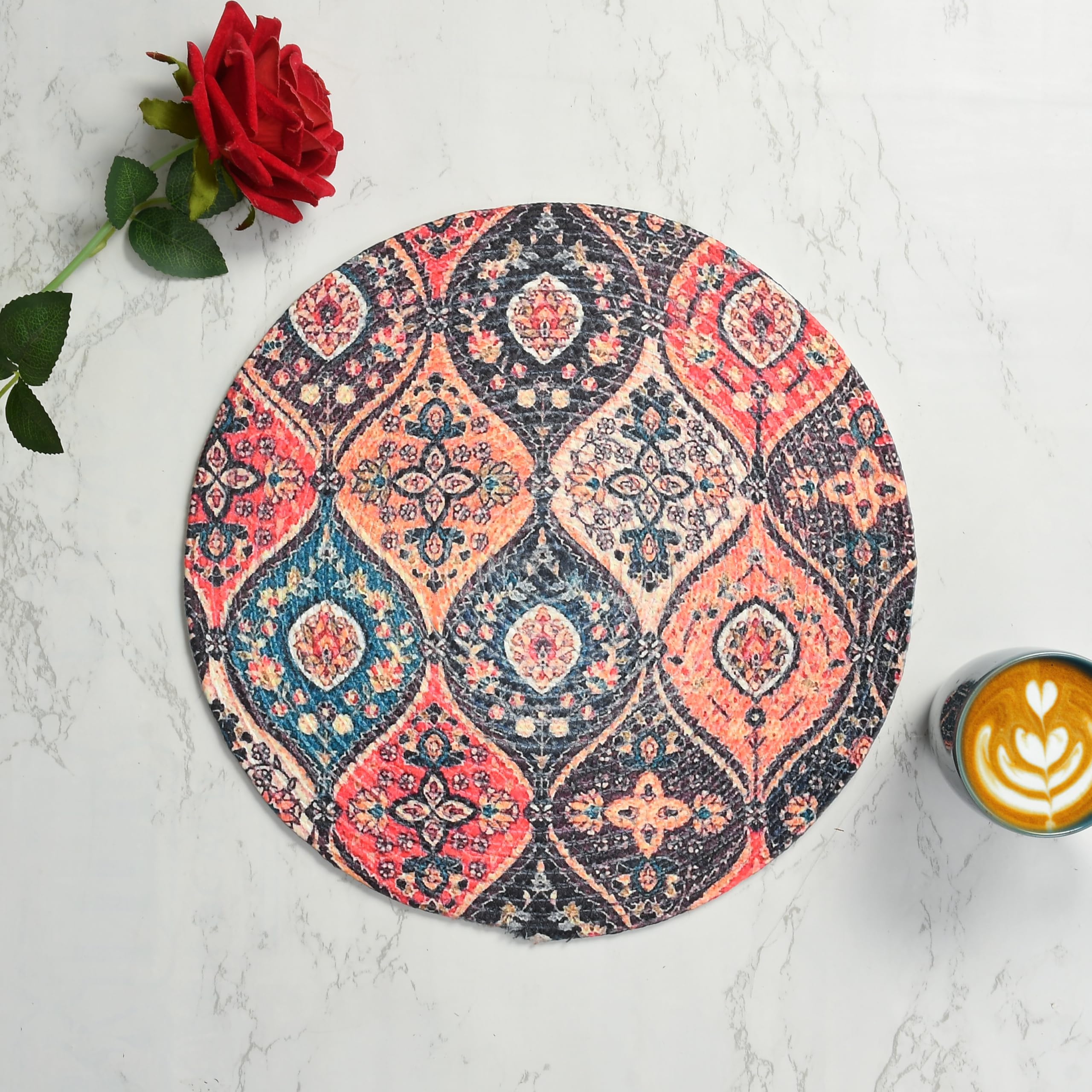 LaVichitra Cotton Table Placemat | Dining Table Mat | Bed Side Table Mat | Cotton Round Shape Placemats | Washable PlaceMat for Shelves & Plant Pots - Pack of 6, Bohemian Ogee Kafalo
