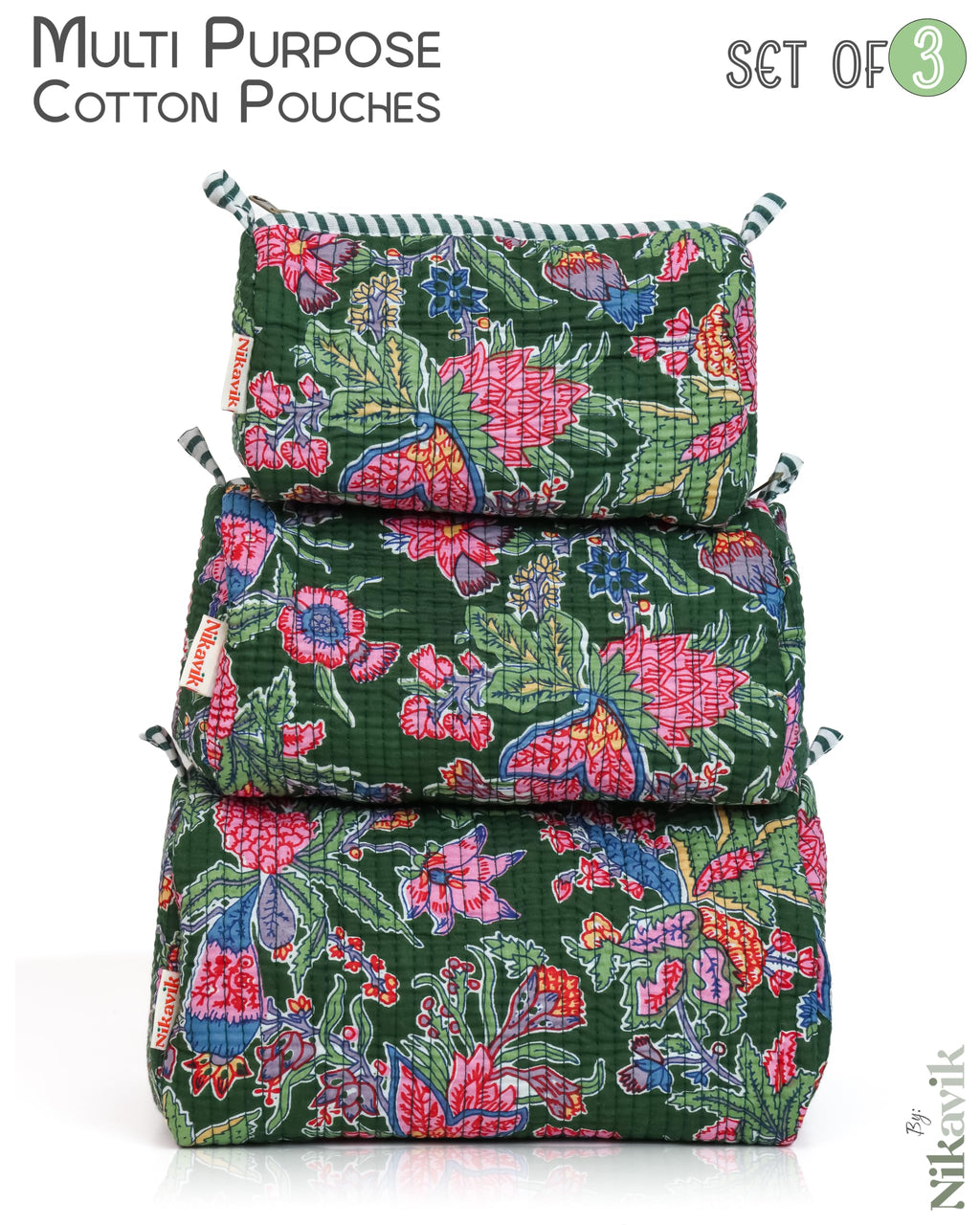 NIKAVIK 1 Tote Bag and 3 Pouches | Jaipuri Quilted fabric Handblock Printed Tote Bag (with zip closure and bottle compartment) with Matching Pouches (Green Multi)