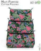 NIKAVIK 1 Tote Bag and 3 Pouches | Jaipuri Quilted fabric Handblock Printed Tote Bag (with zip closure and bottle compartment) with Matching Pouches (Green Multi)