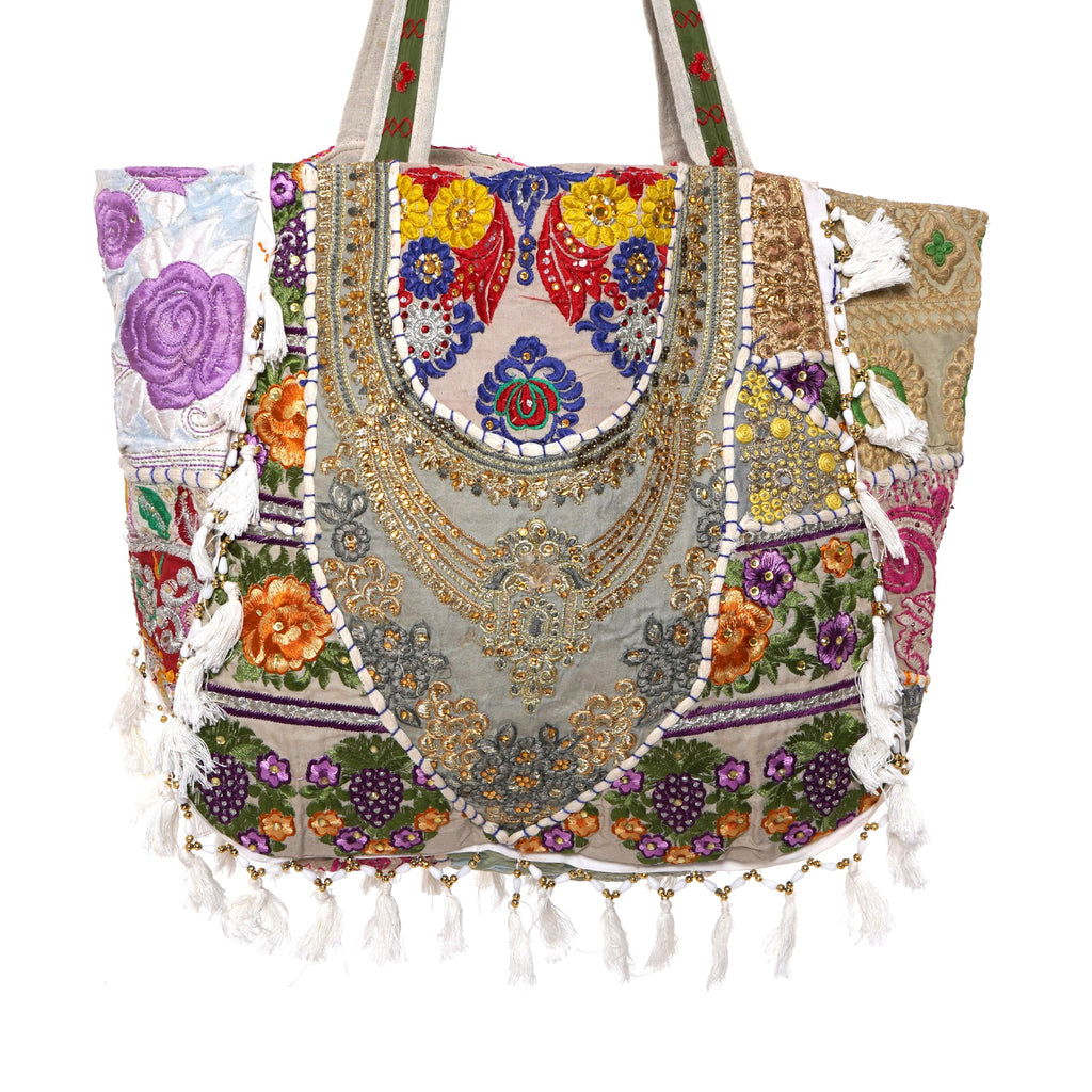 PREET GALLERY Handmade Cotton Patchwork Tote Bag, Multicolour, Double Handle|Women's Shoulder Bag, Pure Cotton Tote Bag, Handmade Patchwork Design (Off White Multicolor)