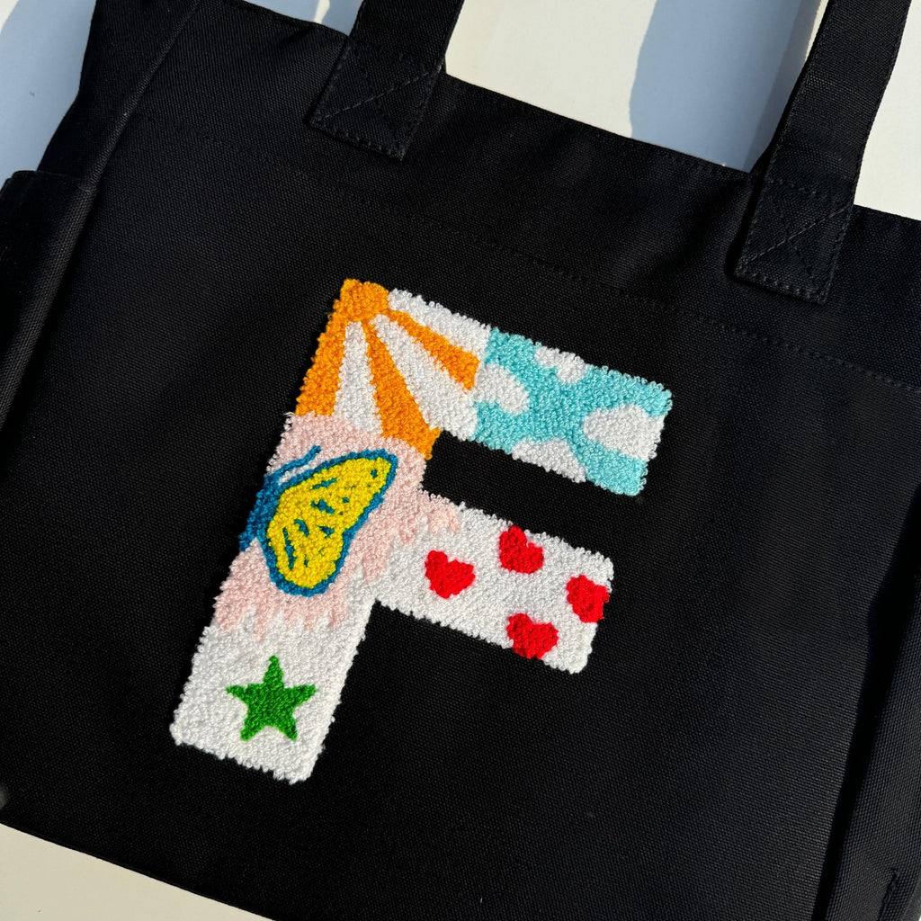 TSANTA Alphabet Tufted Canvas Tote Bag for Women, Laptop Compatible, Multicolour, Cotton, Zipper, 35x11x31 cm, Shoulder Strap, Personalised Letter Design