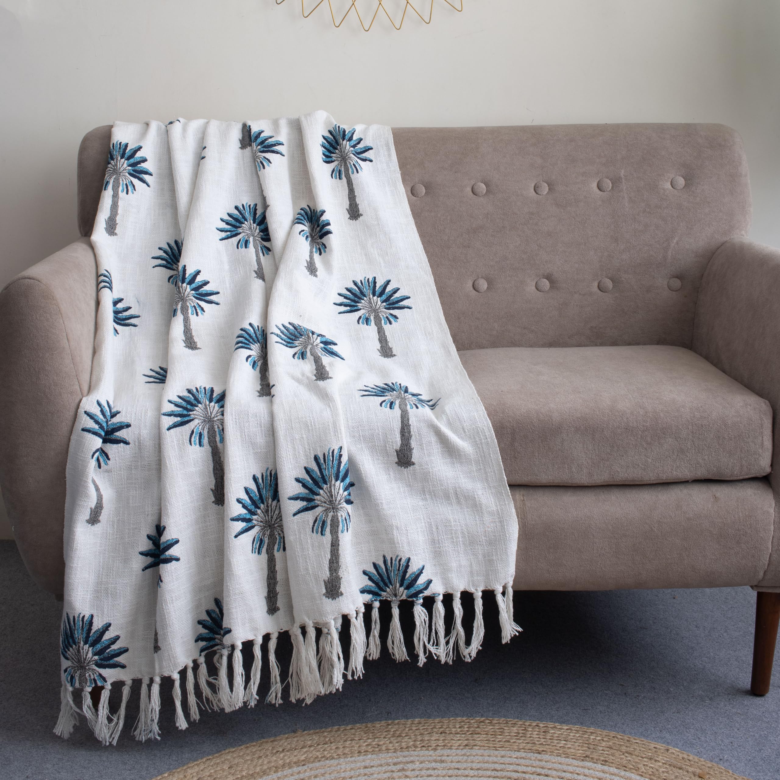 DMAASA Boho Sofa Throw Blanket – 100% Cotton Handblock Printed Blue Palm Tree Design, 50x70 Inch Lightweight – Decor for Couch, Bed, or Living Room (R-HBTH00105) Kafalo