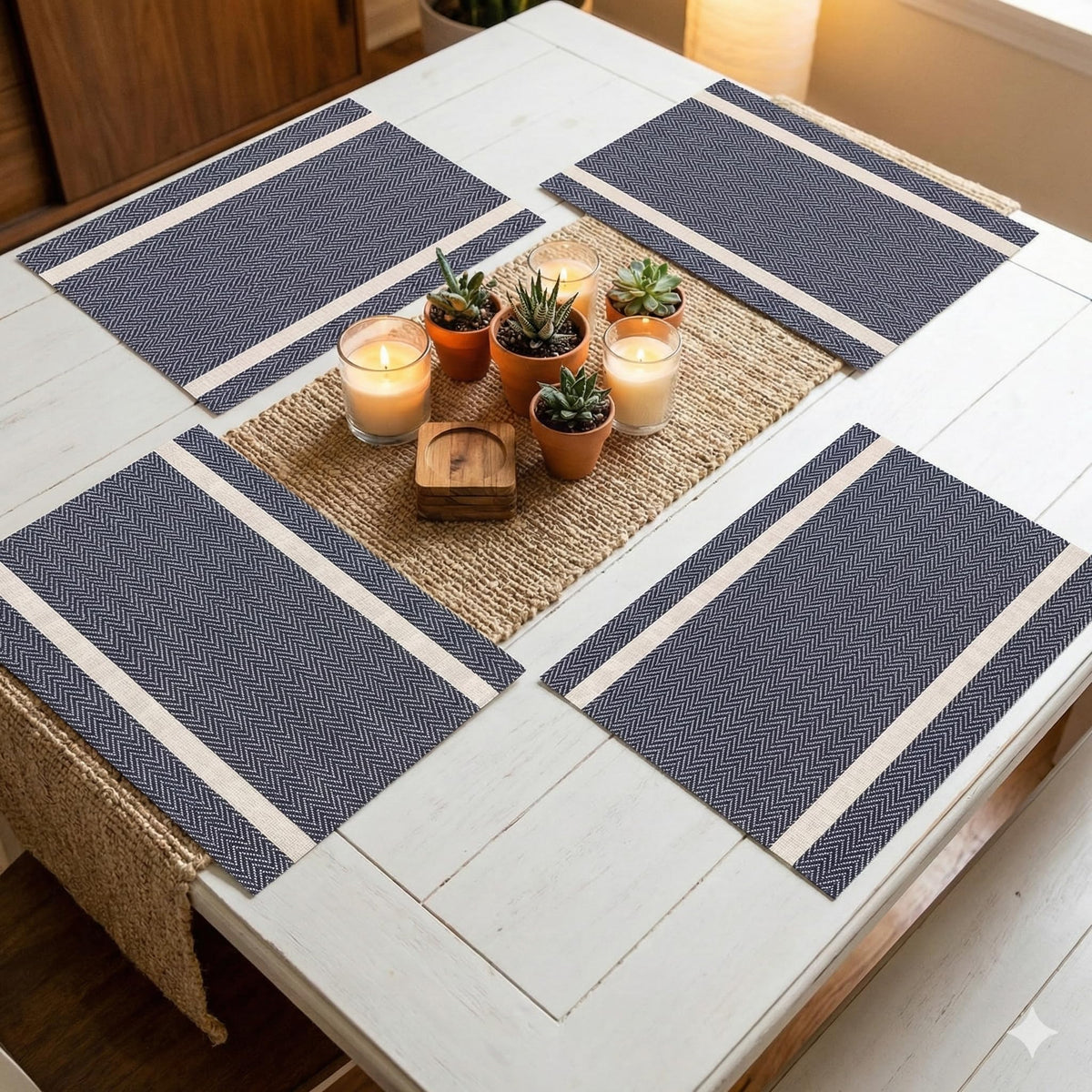 YELONA Placemats Set of 4, Heat-Resistant Woven Vinyl Table Mats, Non-Slip & Washable Dining Tablemats for Kitchen & Dinner Decor, Dark Blue & Gold (45cm x 30cm) Kafalo