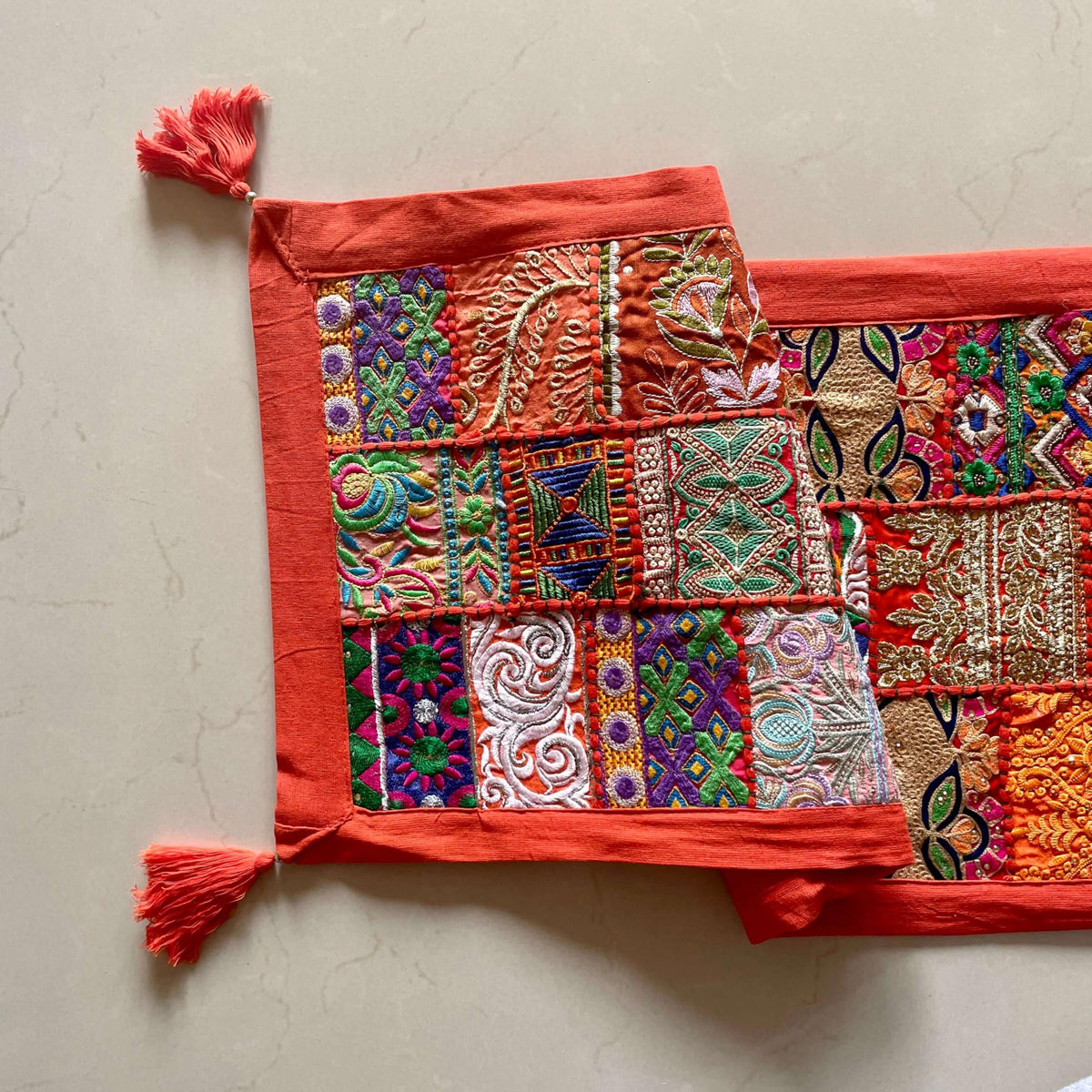 ATRANGI STUDIO Patchwork Table Runner | Traditional Rajasthani Khambadiya Craft | Handmade Dining Table Runner for Home Decor | Colourful Dining Setup | 16x72 Inch, Orange