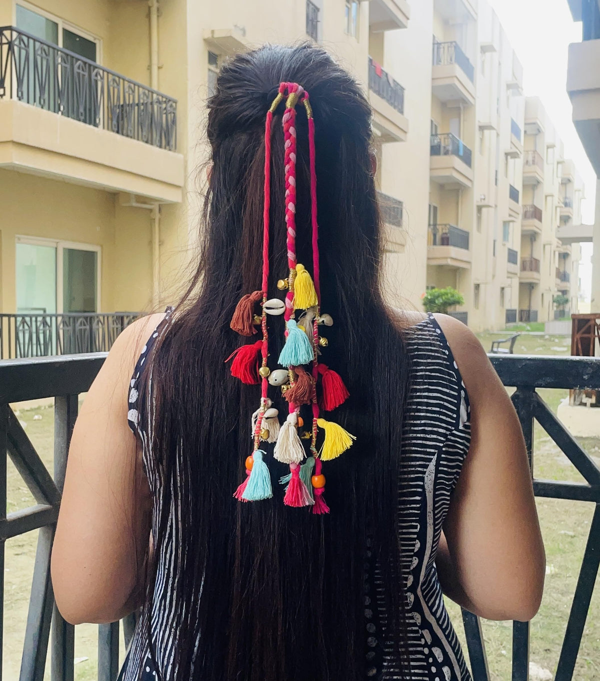 Zippy Flora Handmade Boho Colorful Hair Strings – Shoulder Length (12–14 Inch) | Elegant Pink Braided Thread Hair Extensions for Navratri, Ethnic Look & Bohemian Styling
