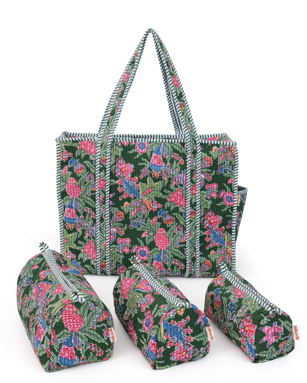 NIKAVIK 1 Tote Bag and 3 Pouches | Jaipuri Quilted fabric Handblock Printed Tote Bag (with zip closure and bottle compartment) with Matching Pouches (Green Multi)