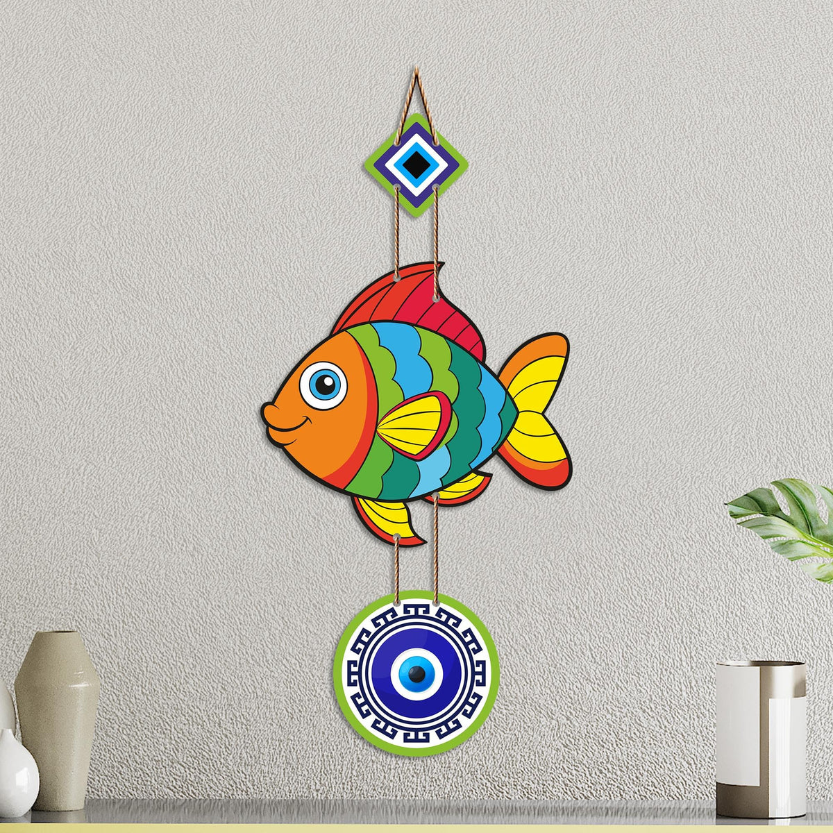 Artvibes Lucky Fish Evil Eye Wall Hanging for Home Entrance | Nazar Suraksha MDF Wall Art | Positive Energy Decor for Main Door | Living Room | Office & Balcony (WH_8531N)