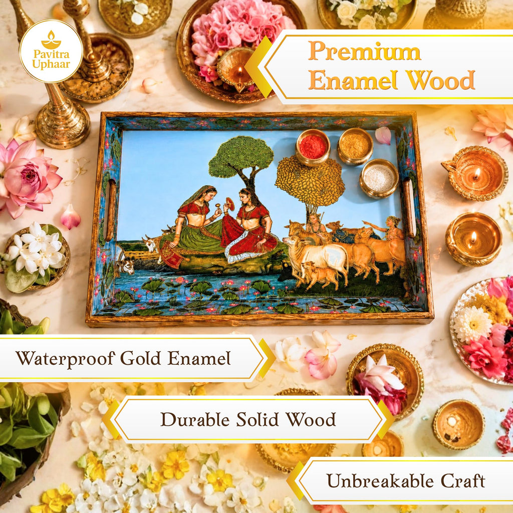 Pavitra Uphaar Vrindavan Tales Serving Tray, Solid Wood, Handcrafted, Sacred Pichwai Art, Gold Leaf (Large)