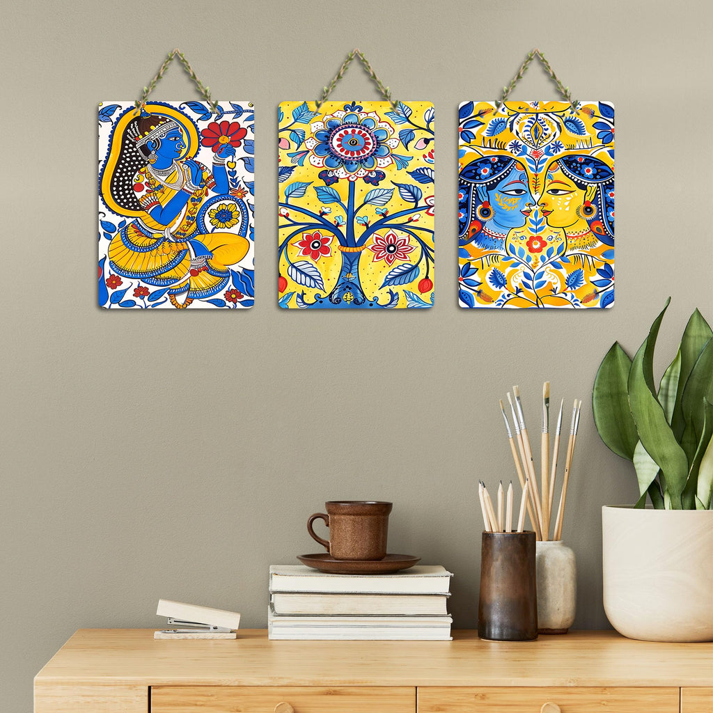 Artvibes Traditional Indian Aesthetic Folk Art Wooden Wall Hanger for Home Decor | Art For Wall | Wall Sculpture | Signs & Plaques | Festive Decor | Wall Poster | Unique Gift (WH_96183N), Set of 3