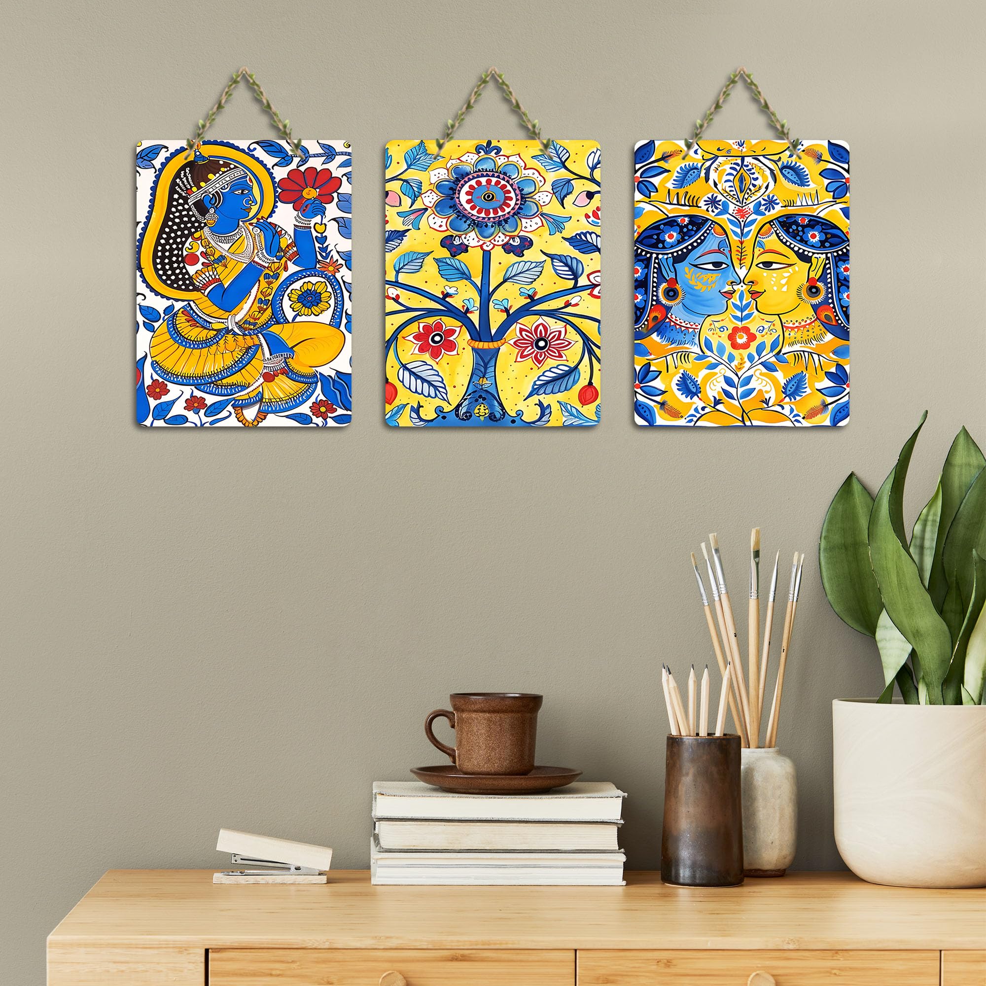 Artvibes Traditional Indian Aesthetic Folk Art Wooden Wall Hanger for Home Decor | Art For Wall | Wall Sculpture | Signs & Plaques | Festive Decor | Wall Poster | Unique Gift (WH_96183N), Set of 3