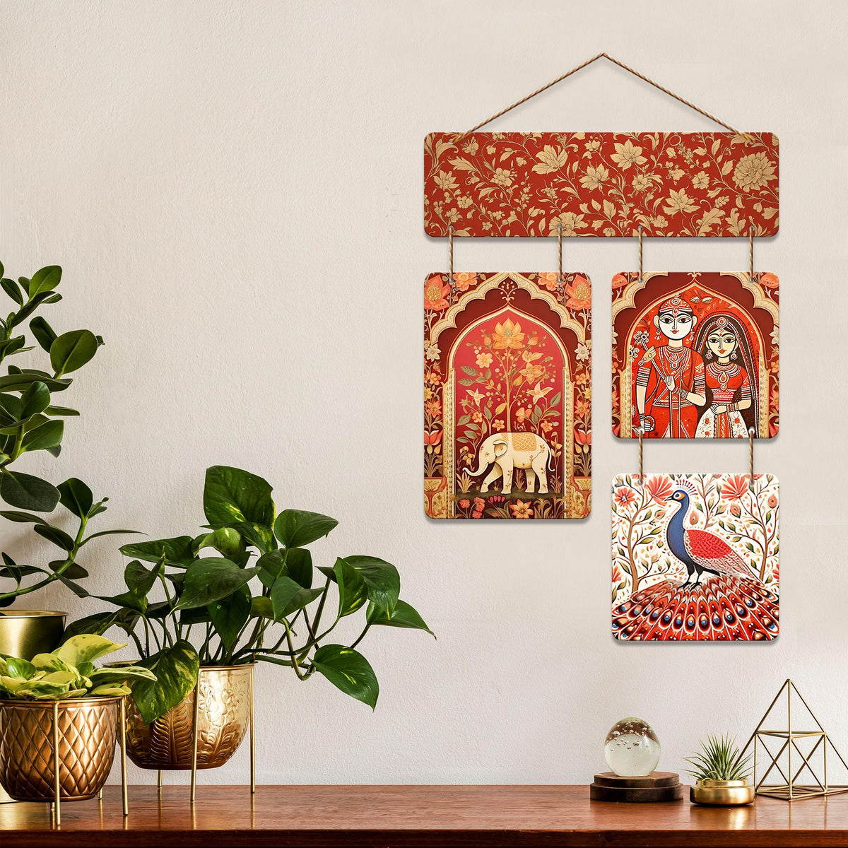 Artvibes Traditional Elephant Peacock & Groom Bride Wooden Art Decoration Item for Home | Wall Sculpture | Signs & Plaques | Graphic Artwork | Art Print | Wall Accents | Unique Gift Items (WH_6540N)