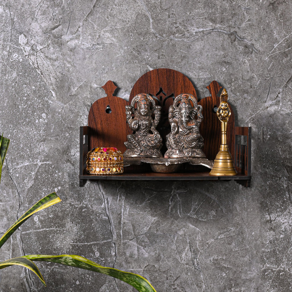 GOJEEVA KRAFT Engineered Wood Hand Crafted Carved Pattern Home Temple for Idols Temple for Home and Office I OM DEVGHAR Carved | Set Top Box Stand I Wooden Mandir (Pack of 1) (Medium)