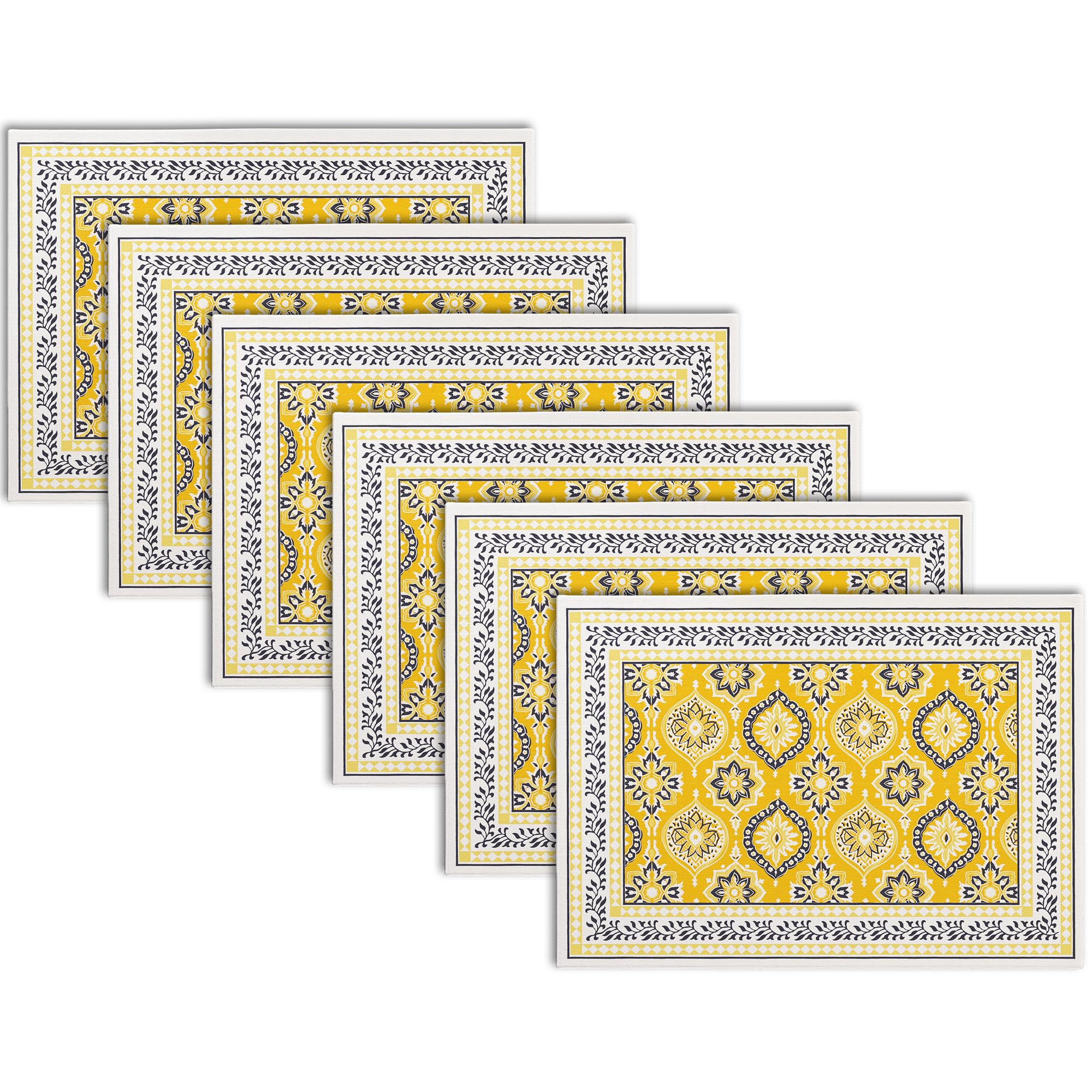 Encasa XO Dining Table Placemats, Block Printed Cotton, Hand Print Yellow Kafalo