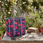 THE CURIO STREET Premium Cotton Tote Bag with Zip Closure I Quilted I Hand Block I Women's Shopping/College/Office/Everyday Bag, Shoulder Bag, 16x16 (Floral; Deep Blue)
