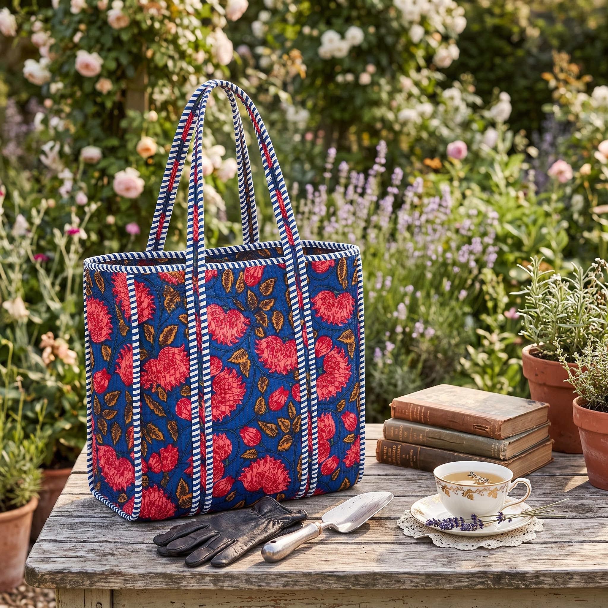 THE CURIO STREET Premium Cotton Tote Bag with Zip Closure I Quilted I Hand Block I Women's Shopping/College/Office/Everyday Bag, Shoulder Bag, 16x16 (Floral; Deep Blue)
