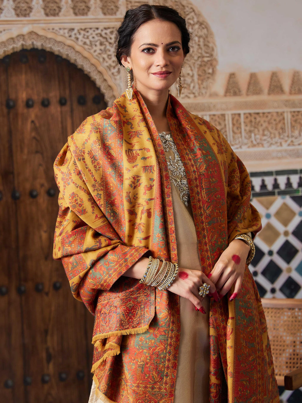 Pashmoda Women Gulbahar Kaani Wool Blend Kashmiri Shawl, Stole, Scarf, Luxury Pashmina Evening Wrap (Size: 101 X 203 CM)