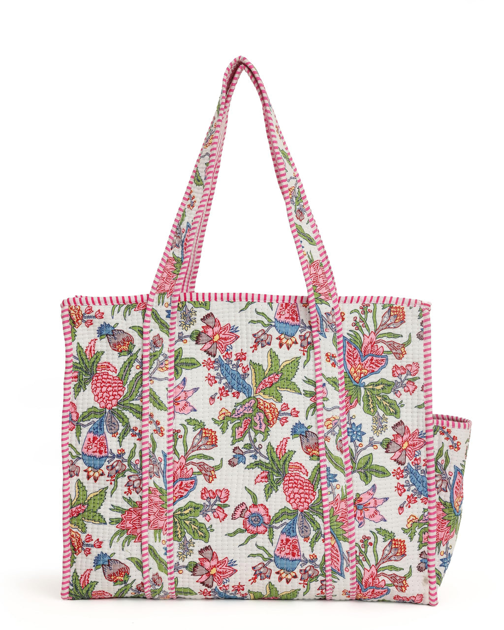 NIKAVIK Quilted Cotton Tote bag – Exotic Animal Print Foldable and Ideal for Travel Shopping Beach Trips or Daily Essentials (White Pink)
