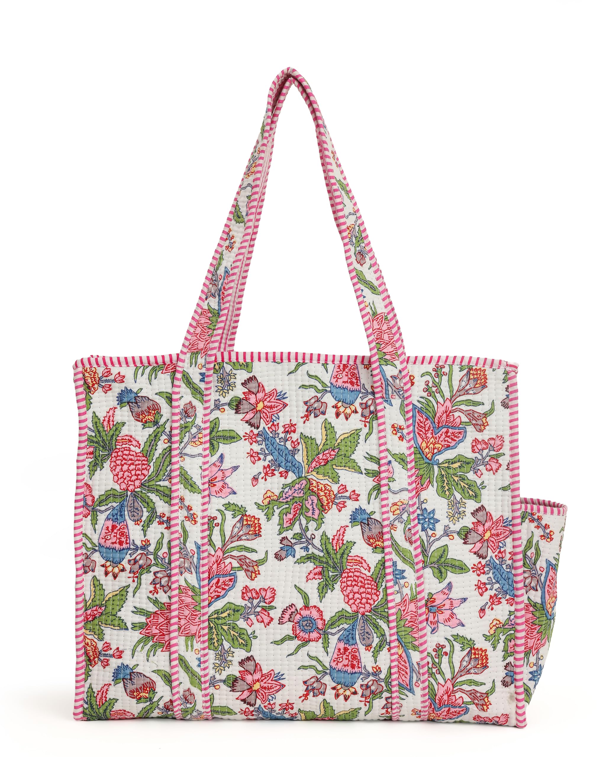 NIKAVIK Quilted Cotton Tote bag – Exotic Animal Print Foldable and Ideal for Travel Shopping Beach Trips or Daily Essentials (White Pink)
