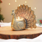 BEHOMA Metal Dancing Peacock with Scented Glass Votive Candle, Golden
